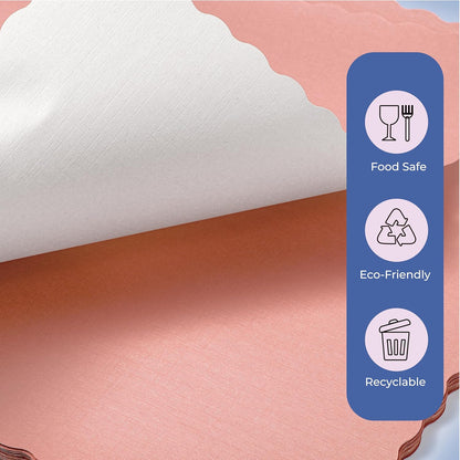 Fit Meal Prep 50 Pack Disposable Paper Placemats, 14 x 10 Inch Pink with Decorative Wavy Scalloped Edge for Restaurant Catering Dining Table, Baby Kids Birthday Parties