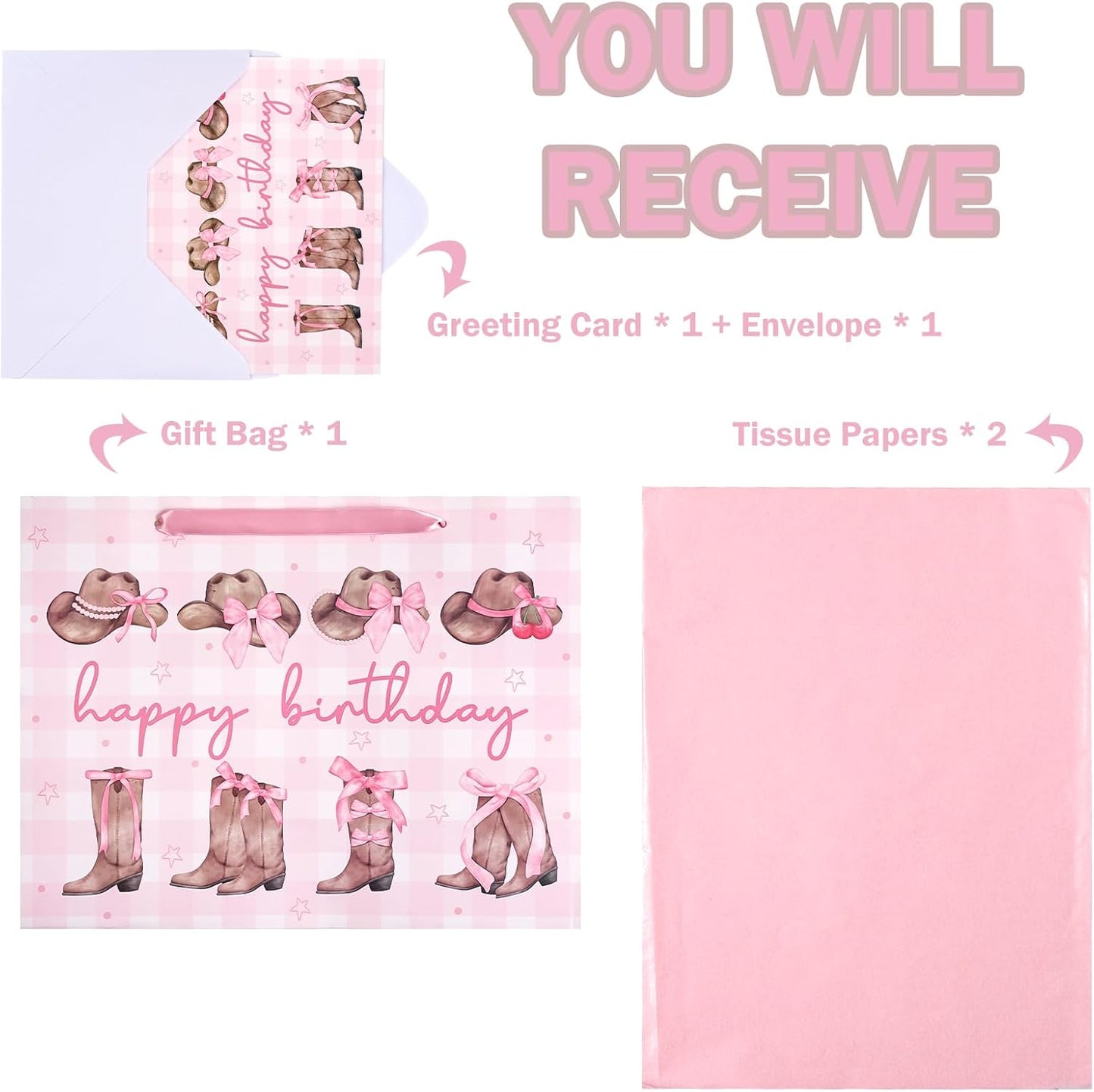13" Large Pink Cowgirl Birthday Gift Bag with Card and Tissue Paper - Western Bow Happy Birthday Wrapping Paper Bags for Party Favors Decor Girls Women Supplies