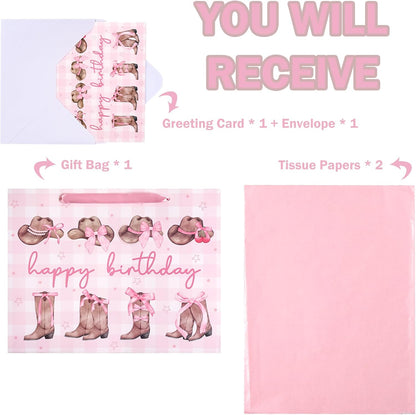 13" Large Pink Cowgirl Birthday Gift Bag with Card and Tissue Paper - Western Bow Happy Birthday Wrapping Paper Bags for Party Favors Decor Girls Women Supplies