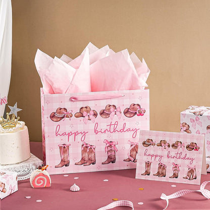 13" Large Pink Cowgirl Birthday Gift Bag with Card and Tissue Paper - Western Bow Happy Birthday Wrapping Paper Bags for Party Favors Decor Girls Women Supplies