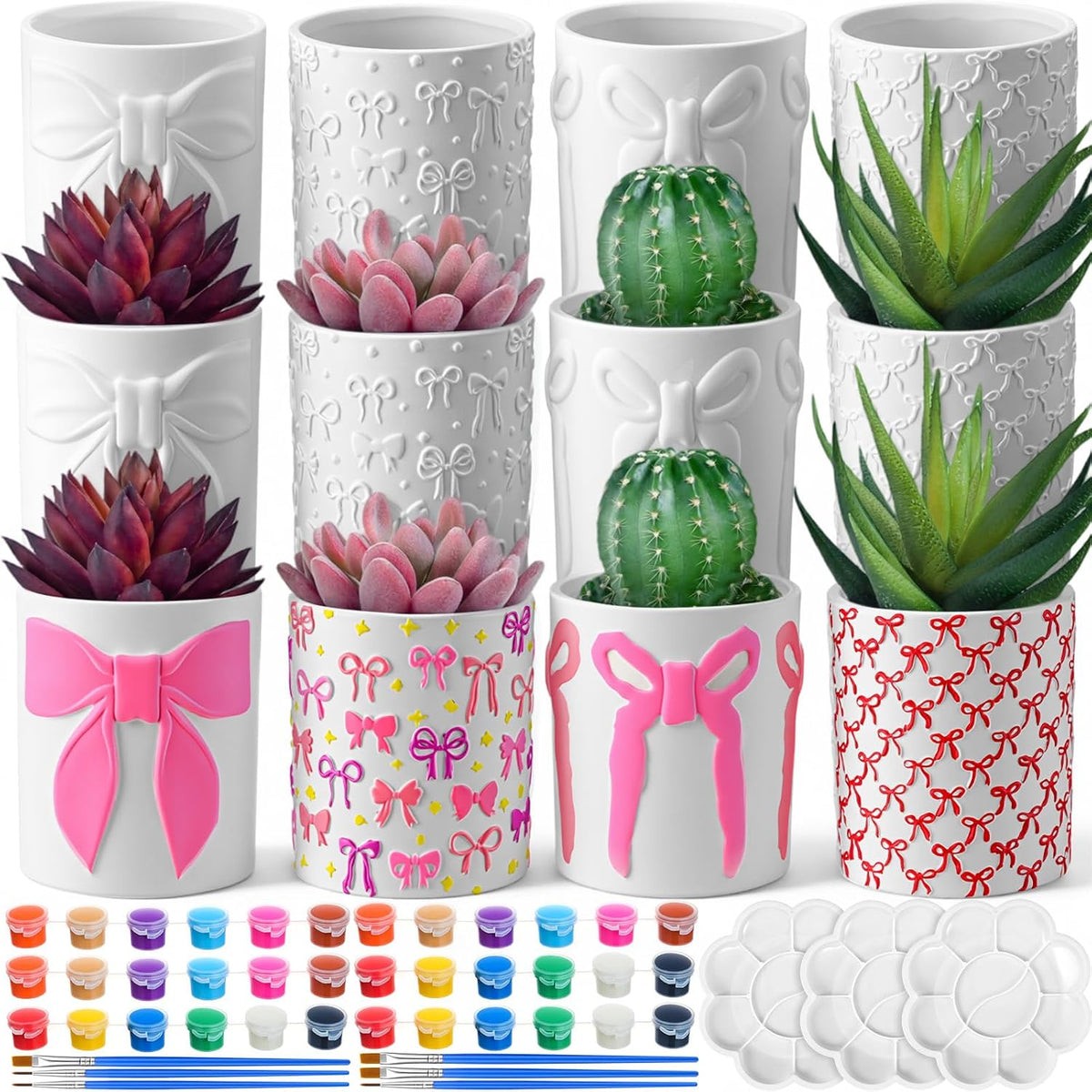 12 Pcs Paint Your Own Flower Ceramic Pots with Drainage Hole, 4 Style Pink Bow Unfinished Succulent Pots Painting Kit Mini Paintable Vase for Bow Party Craft Gift Girls Night DIY Art Activity
