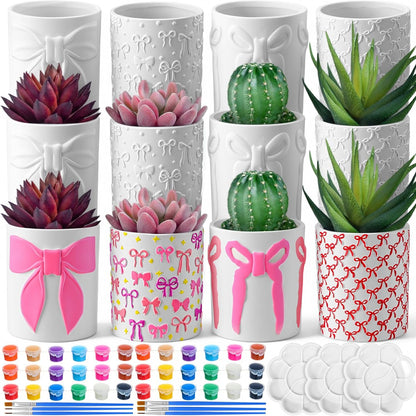 12 Pcs Paint Your Own Flower Ceramic Pots with Drainage Hole, 4 Style Pink Bow Unfinished Succulent Pots Painting Kit Mini Paintable Vase for Bow Party Craft Gift Girls Night DIY Art Activity