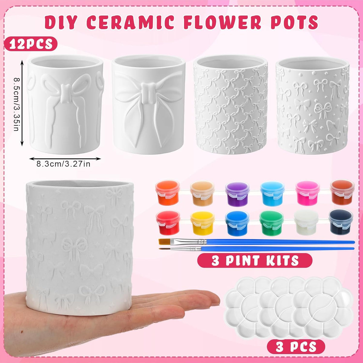 12 Pcs Paint Your Own Flower Ceramic Pots with Drainage Hole, 4 Style Pink Bow Unfinished Succulent Pots Painting Kit Mini Paintable Vase for Bow Party Craft Gift Girls Night DIY Art Activity