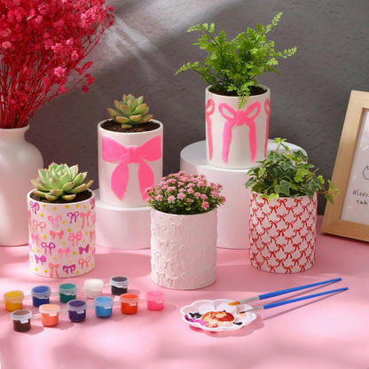 12 Pcs Paint Your Own Flower Ceramic Pots with Drainage Hole, 4 Style Pink Bow Unfinished Succulent Pots Painting Kit Mini Paintable Vase for Bow Party Craft Gift Girls Night DIY Art Activity