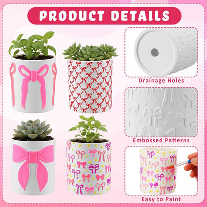 12 Pcs Paint Your Own Flower Ceramic Pots with Drainage Hole, 4 Style Pink Bow Unfinished Succulent Pots Painting Kit Mini Paintable Vase for Bow Party Craft Gift Girls Night DIY Art Activity
