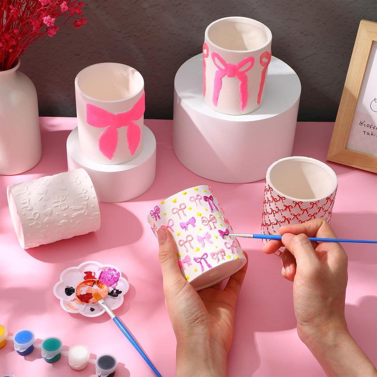 12 Pcs Paint Your Own Flower Ceramic Pots with Drainage Hole, 4 Style Pink Bow Unfinished Succulent Pots Painting Kit Mini Paintable Vase for Bow Party Craft Gift Girls Night DIY Art Activity