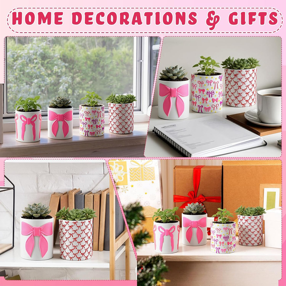 12 Pcs Paint Your Own Flower Ceramic Pots with Drainage Hole, 4 Style Pink Bow Unfinished Succulent Pots Painting Kit Mini Paintable Vase for Bow Party Craft Gift Girls Night DIY Art Activity