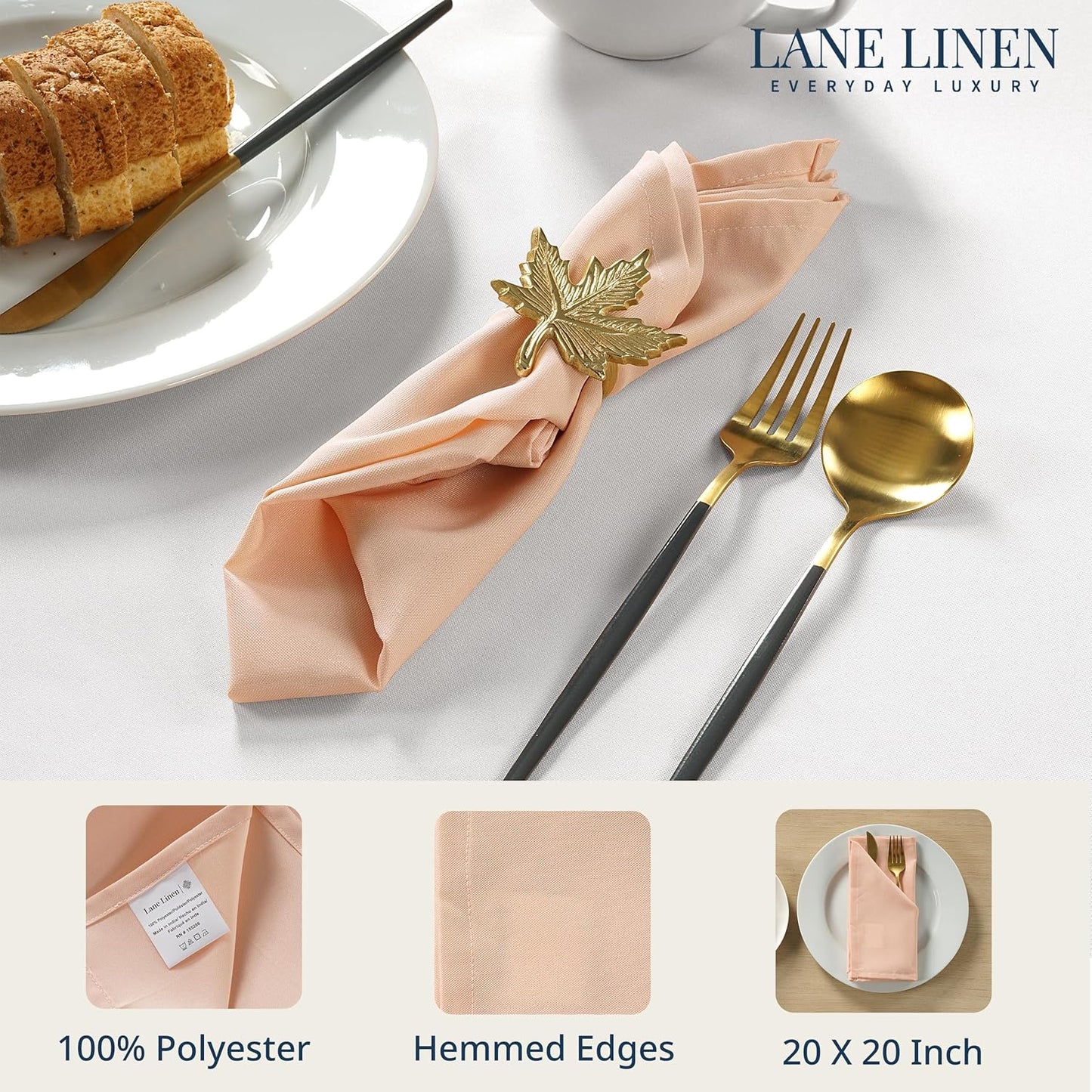 LANE LINEN Table Cloth Napkins Set of 6 - Reusable Napkins with Hemmed Edges - 20 x 20 Inches - 100% Polyester Fabric - Durable Dinner Napkins for Parties, Weddings and Lunch/Dinner - Peach Blush