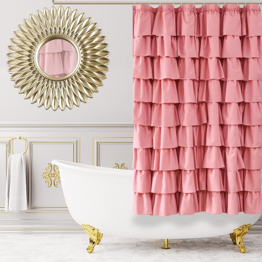 Pink Ruffle Shower Curtain for Bathroom, 72x72 inch, Ruffled Layered Fabric