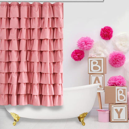 Pink Ruffle Shower Curtain for Bathroom, 72x72 inch, Ruffled Layered Fabric