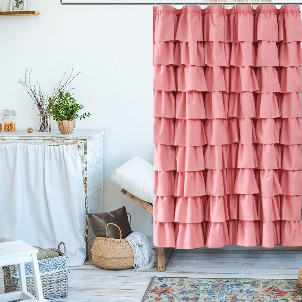Pink Ruffle Shower Curtain for Bathroom, 72x72 inch, Ruffled Layered Fabric
