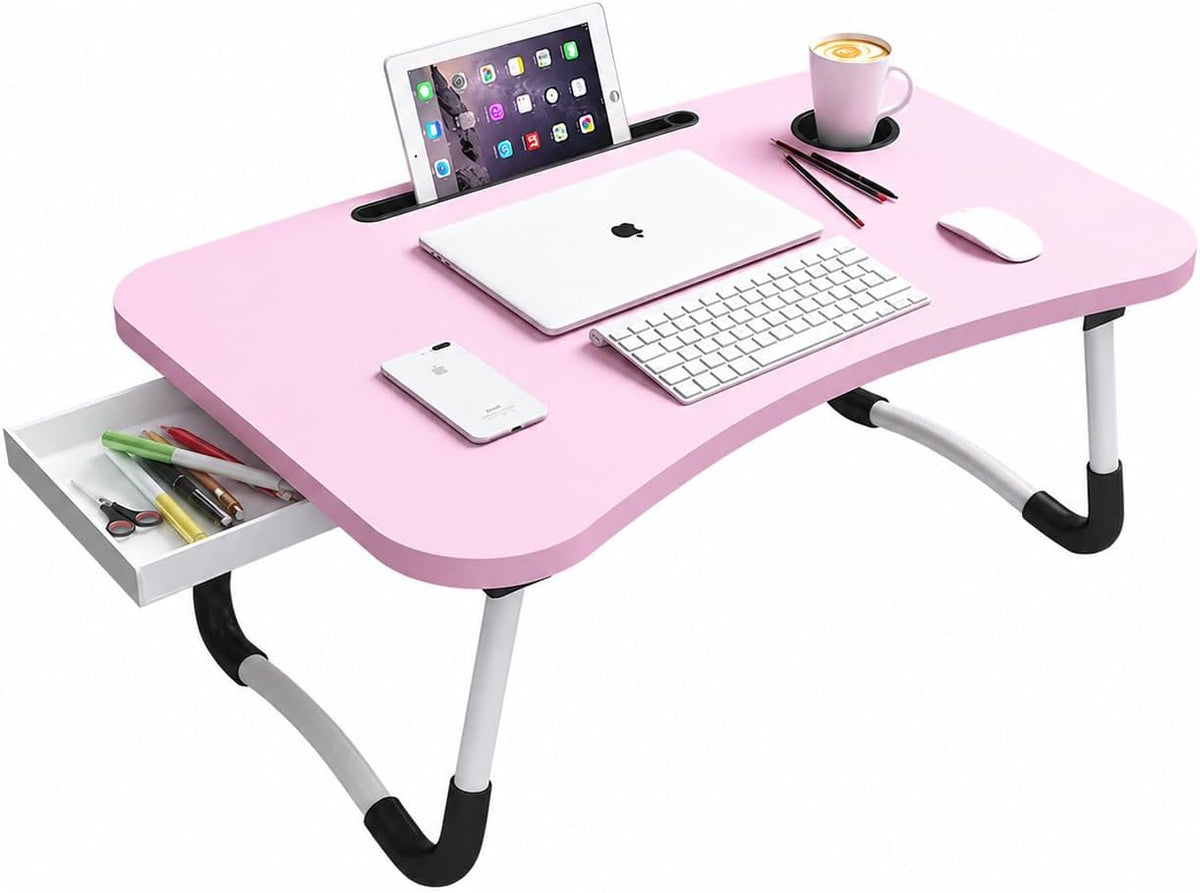 Foldable Lap Desk, 23.6 Inch Portable Wood Laptop Desk Table Workspace Office Organizer Bed Sofa Tray with Slots/Cup Holder/Drawer, Anti-Slip for Reading Writing Eating Watching (Pink)