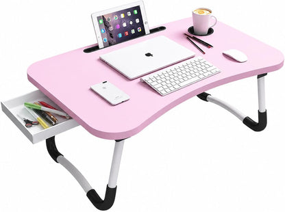 Foldable Lap Desk, 23.6 Inch Portable Wood Laptop Desk Table Workspace Office Organizer Bed Sofa Tray with Slots/Cup Holder/Drawer, Anti-Slip for Reading Writing Eating Watching (Pink)