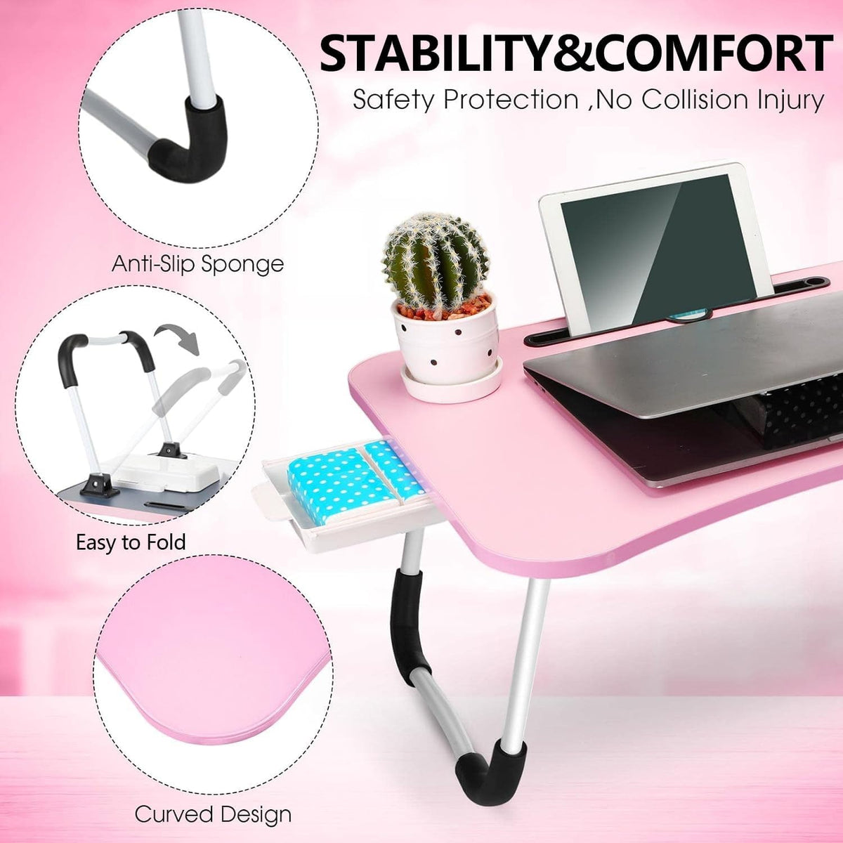 Foldable Lap Desk, 23.6 Inch Portable Wood Laptop Desk Table Workspace Office Organizer Bed Sofa Tray with Slots/Cup Holder/Drawer, Anti-Slip for Reading Writing Eating Watching (Pink)