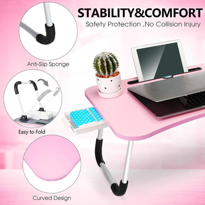 Foldable Lap Desk, 23.6 Inch Portable Wood Laptop Desk Table Workspace Office Organizer Bed Sofa Tray with Slots/Cup Holder/Drawer, Anti-Slip for Reading Writing Eating Watching (Pink)