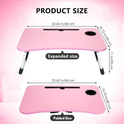 Foldable Lap Desk, 23.6 Inch Portable Wood Laptop Desk Table Workspace Office Organizer Bed Sofa Tray with Slots/Cup Holder/Drawer, Anti-Slip for Reading Writing Eating Watching (Pink)