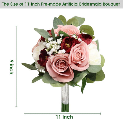 11 Inch Dusty Pink & Burgundy Silk Rose & Peony Bridesmaid Bouquets - Realistic & Easy to Arrange - Wedding Decorations
