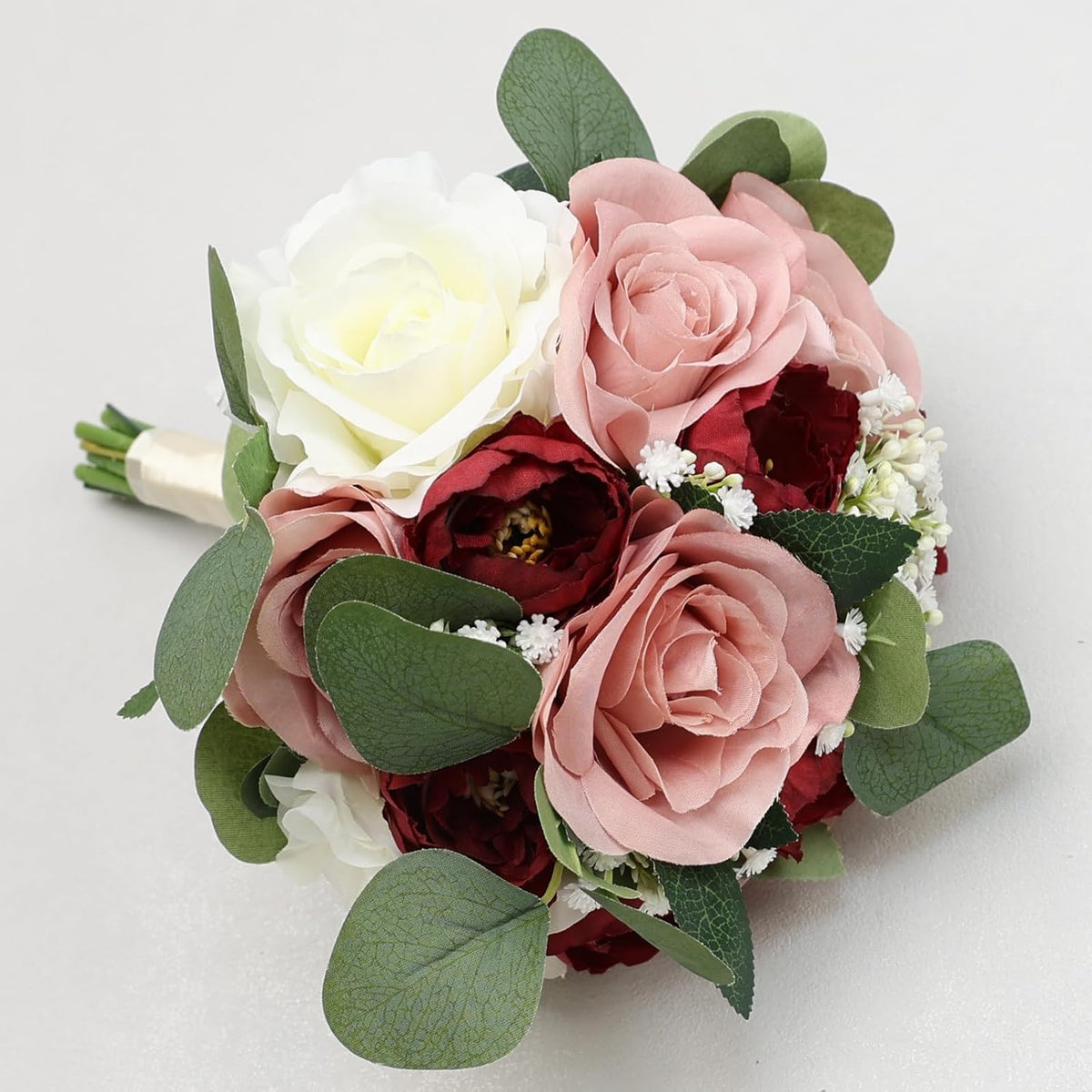 11 Inch Dusty Pink & Burgundy Silk Rose & Peony Bridesmaid Bouquets - Realistic & Easy to Arrange - Wedding Decorations