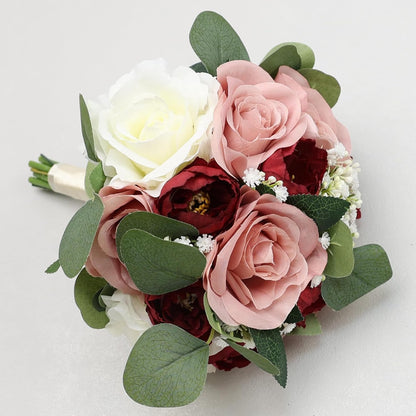 11 Inch Dusty Pink & Burgundy Silk Rose & Peony Bridesmaid Bouquets - Realistic & Easy to Arrange - Wedding Decorations