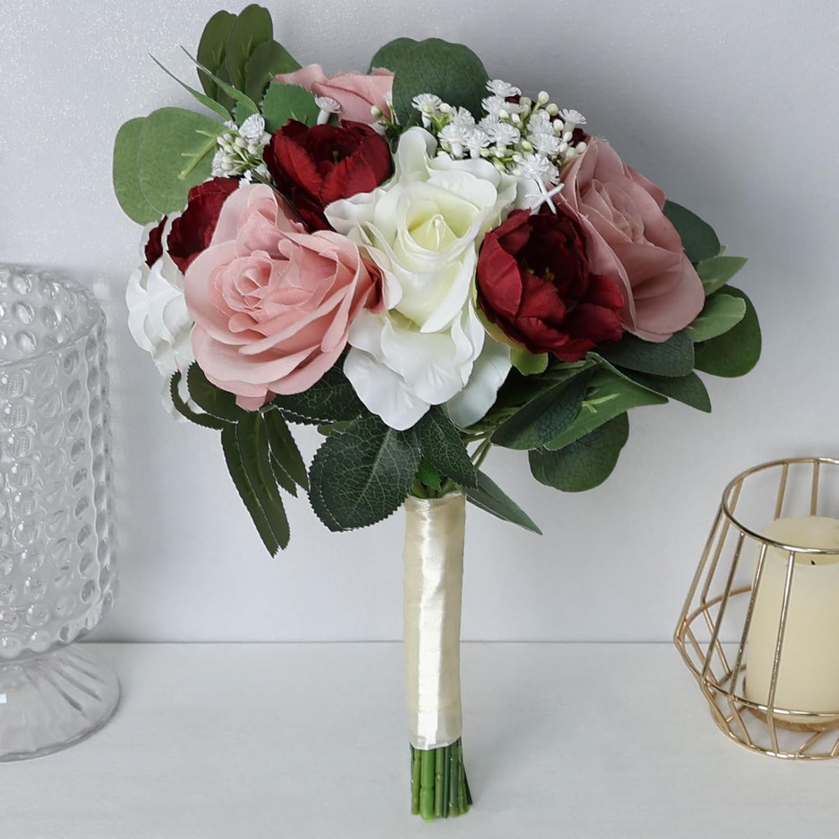 11 Inch Dusty Pink & Burgundy Silk Rose & Peony Bridesmaid Bouquets - Realistic & Easy to Arrange - Wedding Decorations