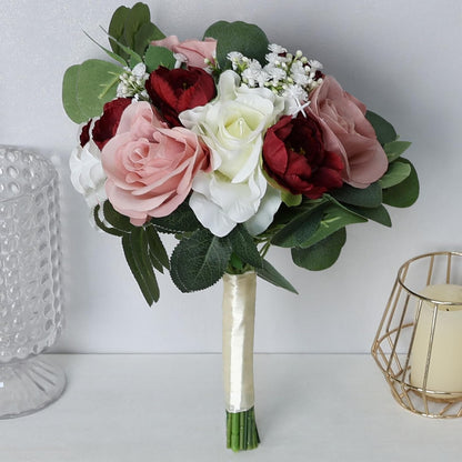 11 Inch Dusty Pink & Burgundy Silk Rose & Peony Bridesmaid Bouquets - Realistic & Easy to Arrange - Wedding Decorations