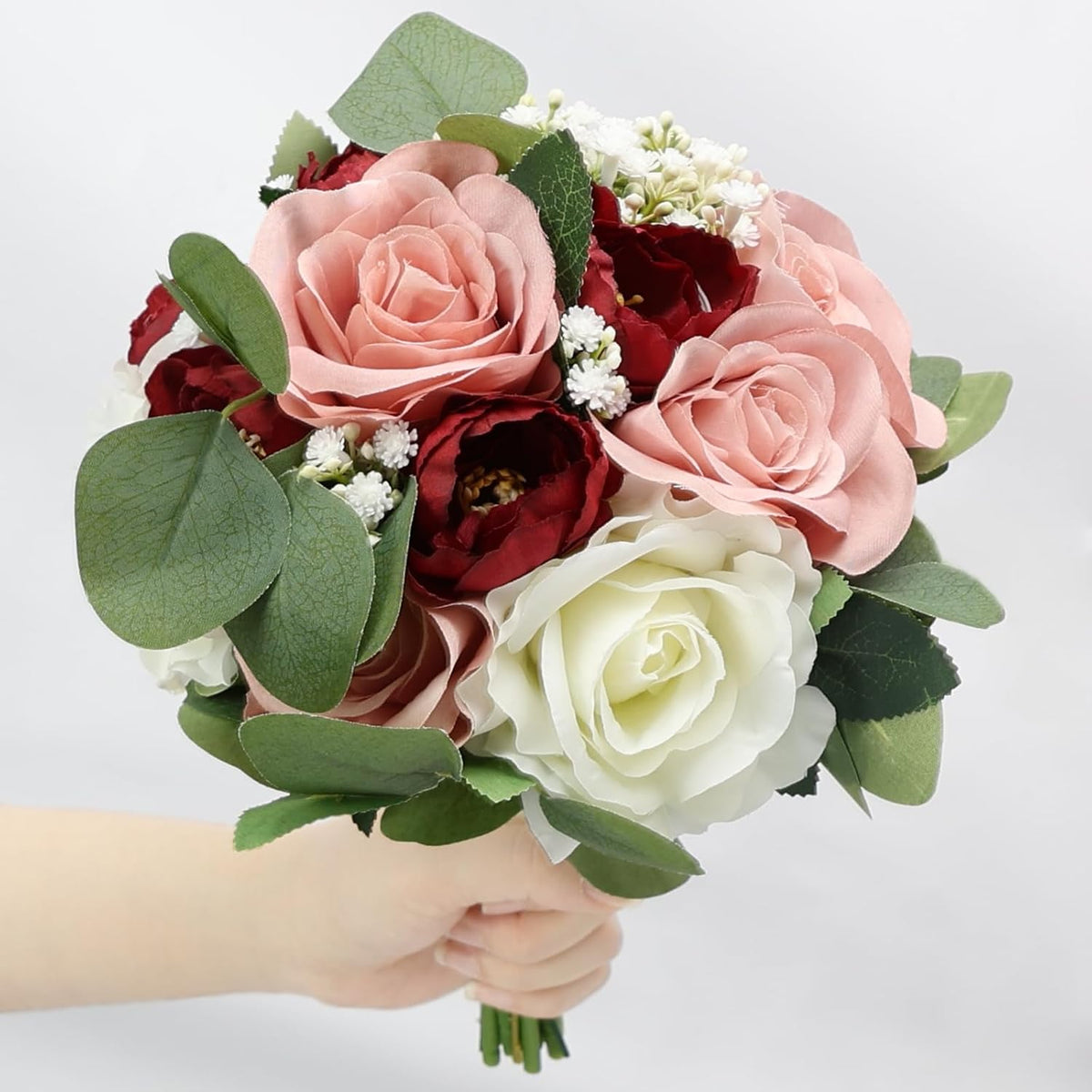 11 Inch Dusty Pink & Burgundy Silk Rose & Peony Bridesmaid Bouquets - Realistic & Easy to Arrange - Wedding Decorations