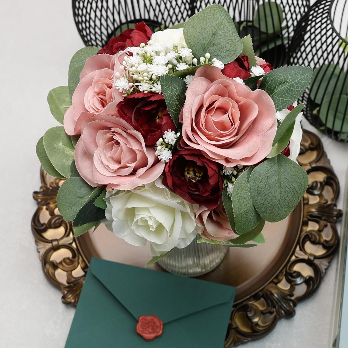11 Inch Dusty Pink & Burgundy Silk Rose & Peony Bridesmaid Bouquets - Realistic & Easy to Arrange - Wedding Decorations