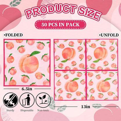 50 Pcs Peach Paper Napkins Watercolor Pink Peach Fruit Disposable Napkins Summer Luncheon Dinner Napkin for Birthday Baby Shower Party Table Supplies