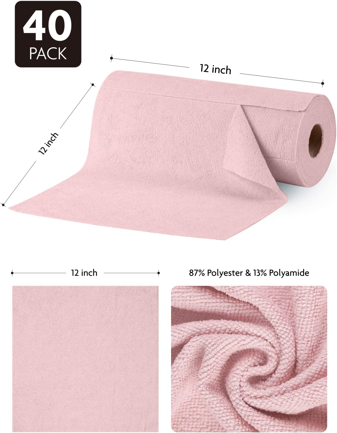Microfiber Cleaning Cloth Roll- 40 Sheets, 12" x 12" (Pink)