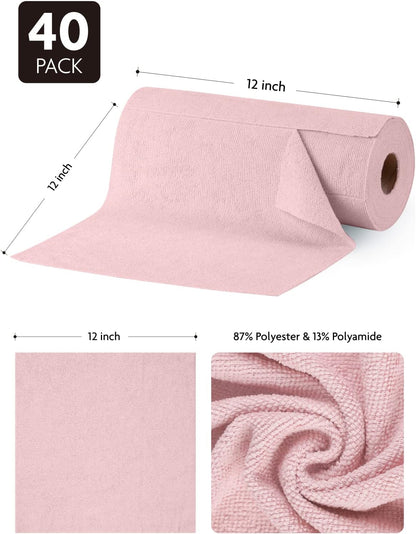 Microfiber Cleaning Cloth Roll- 40 Sheets, 12" x 12" (Pink)