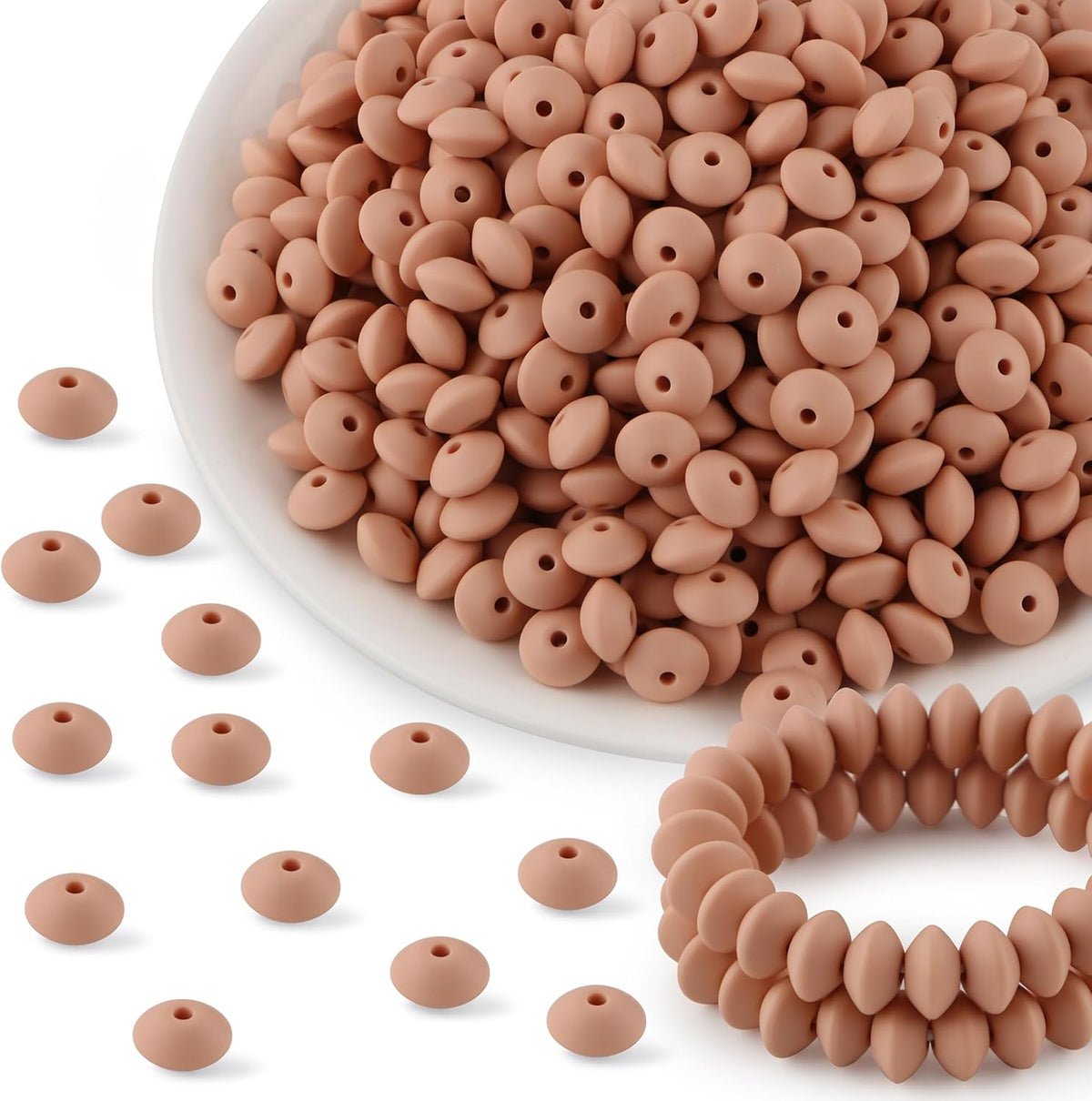 300Pcs 12mm Silicone Lentil Beads, Silicone Spacer Beads for Necklace Bracelet Keychain Pens Craft(Peach)