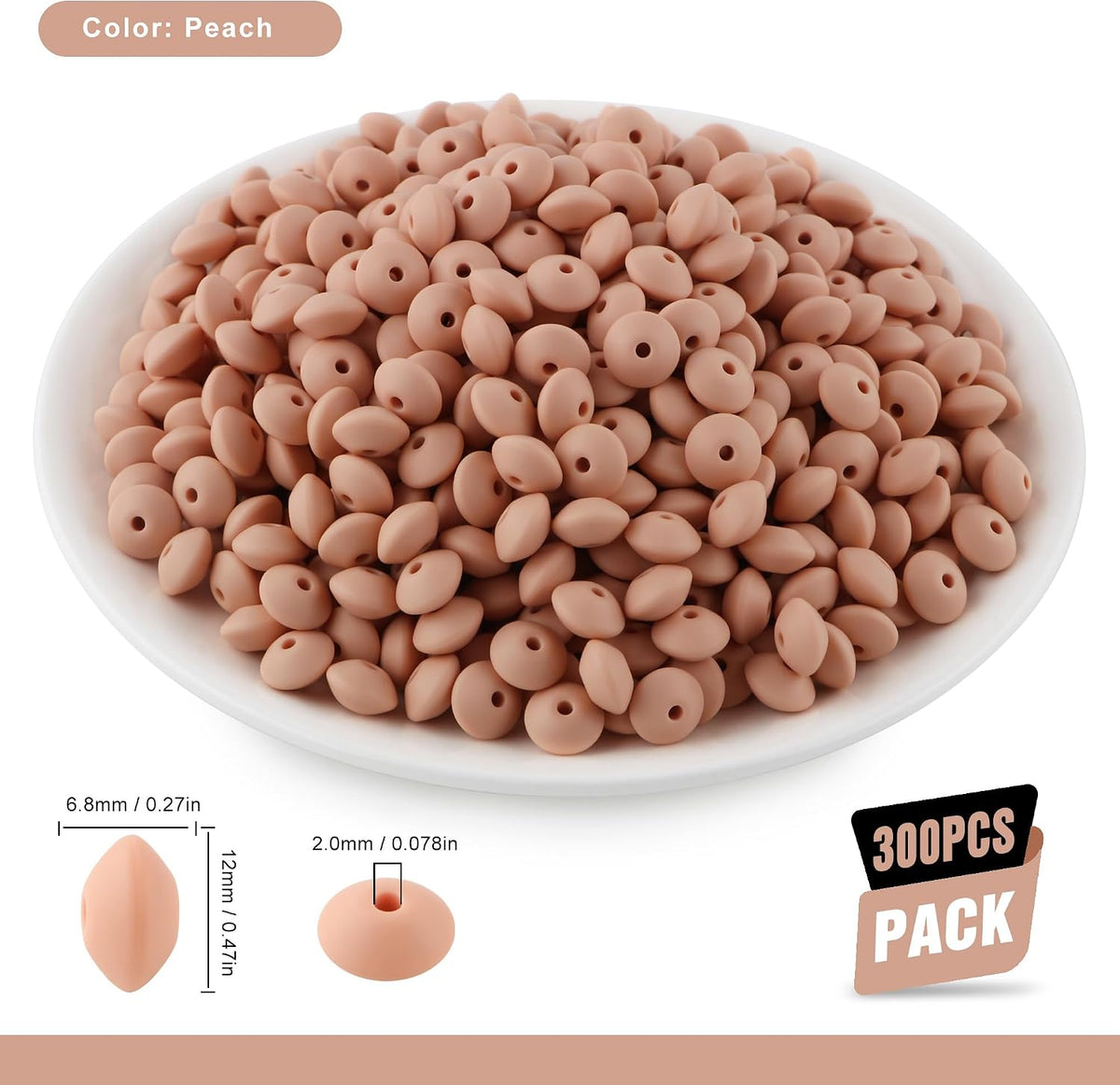 300Pcs 12mm Silicone Lentil Beads, Silicone Spacer Beads for Necklace Bracelet Keychain Pens Craft(Peach)