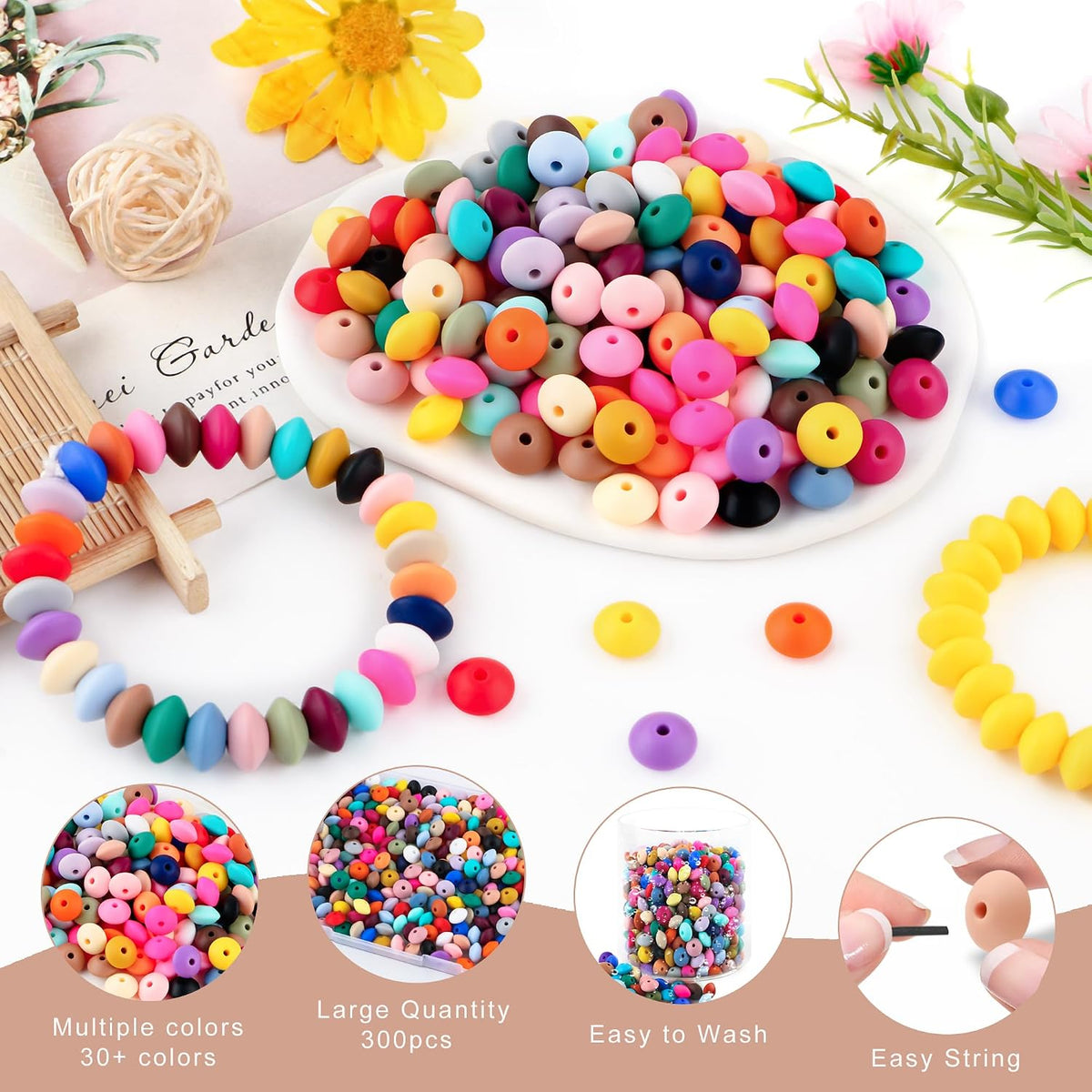300Pcs 12mm Silicone Lentil Beads, Silicone Spacer Beads for Necklace Bracelet Keychain Pens Craft(Peach)