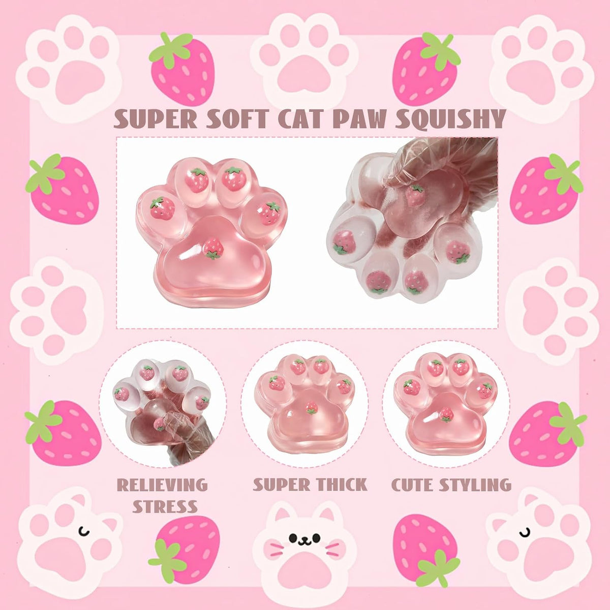 Large Cat Paw Taba Squishy Squeeze Toys 5-inch Strawberry Pink Fufu Squishy Sensory Stress Relief Fidget Toys for Party Favors Sensory Anxiety Toys for Adults (Strawberry)
