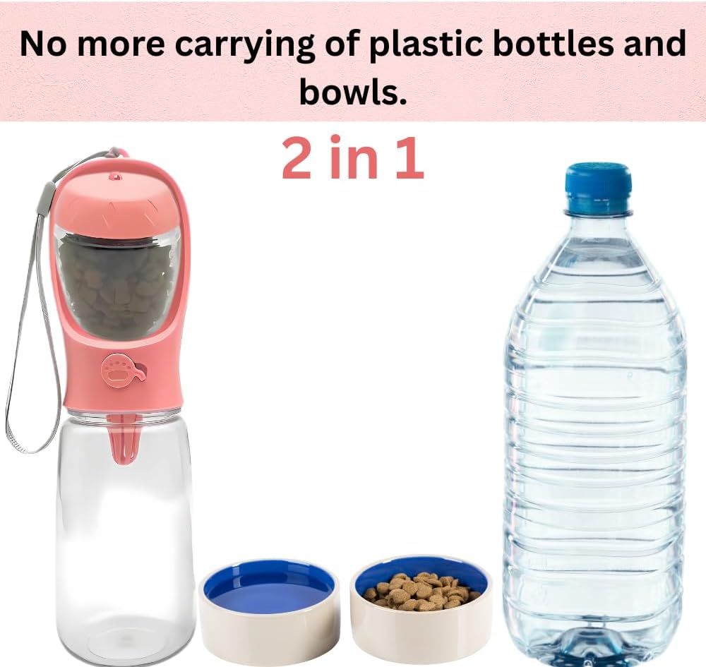Portable Pet Water Bottle with Drinking Bowl, 12 oz, Pink and Turquoise (Pink, Medium)