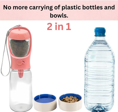 Portable Pet Water Bottle with Drinking Bowl, 12 oz, Pink and Turquoise (Pink, Medium)