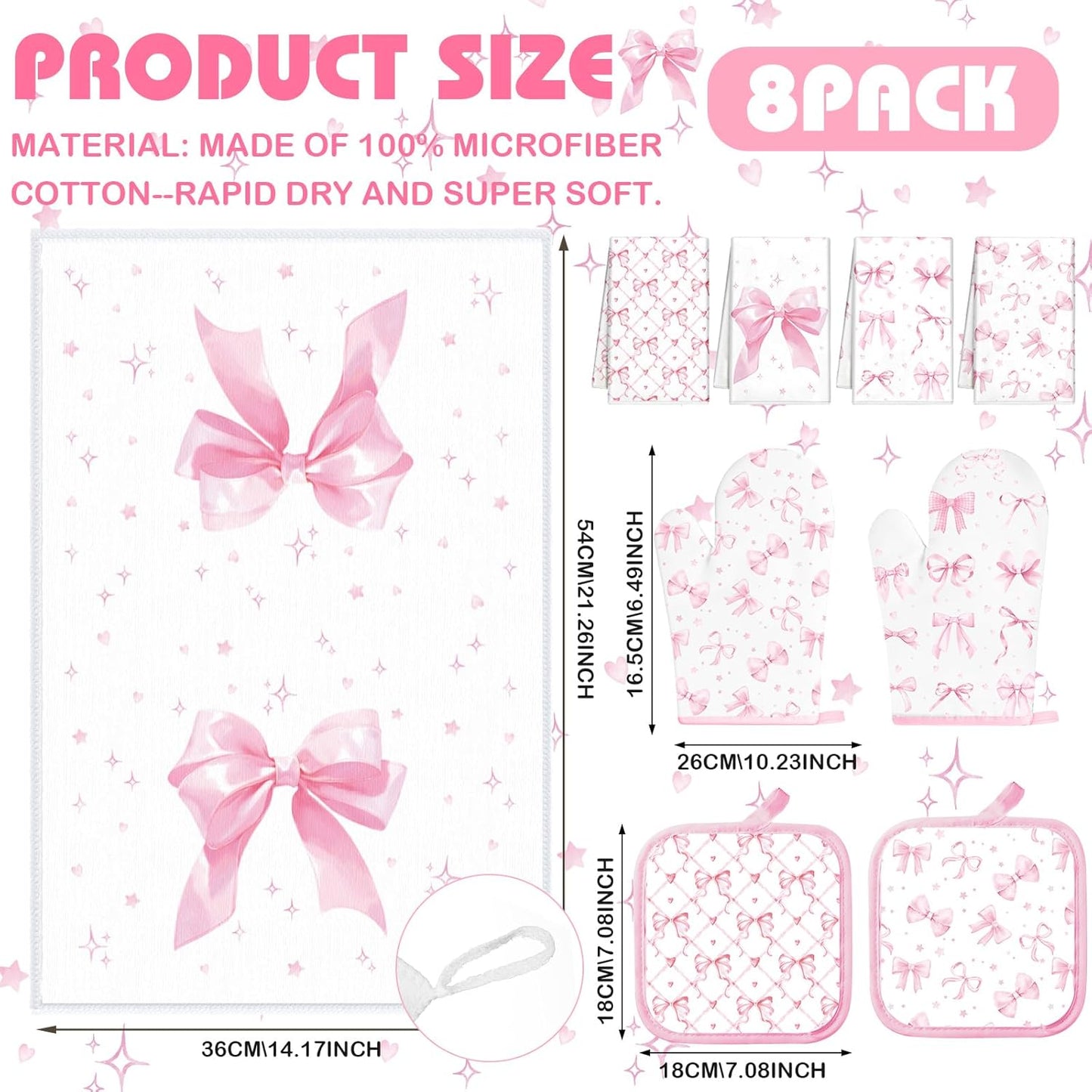 8 Pcs Pink Bows Kitchen Towels Pot Holders and Oven Mitt Set Coquette Kitchen Accessories 4 Dish Towels 2 Absorbent Square Potholders 2 Heat Resistant Glove for Cooking Baking Home Gifting