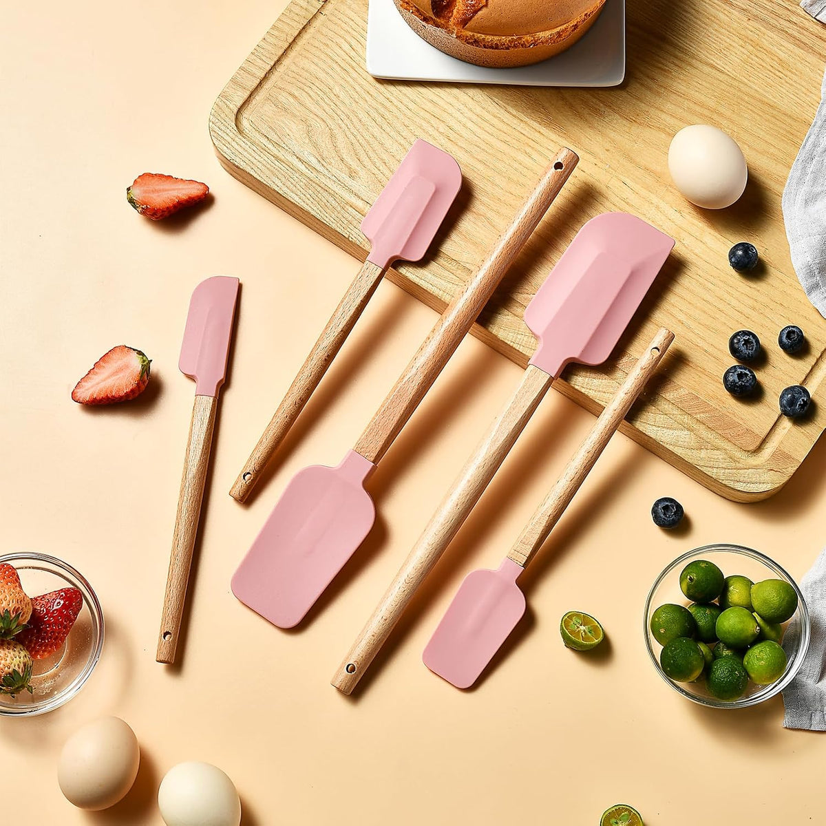 Pink Silicone Spatula Set, Food Grade Rubber Spatula-5 Piece Nonstick Rubber Spatulas, Spoonula, Jar Scraper for Cooking, Baking, Mixing