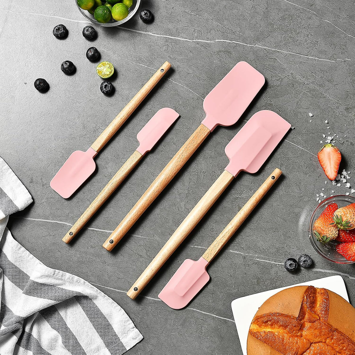 Pink Silicone Spatula Set, Food Grade Rubber Spatula-5 Piece Nonstick Rubber Spatulas, Spoonula, Jar Scraper for Cooking, Baking, Mixing
