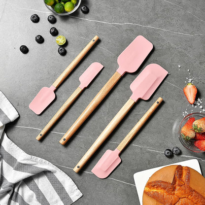 Pink Silicone Spatula Set, Food Grade Rubber Spatula-5 Piece Nonstick Rubber Spatulas, Spoonula, Jar Scraper for Cooking, Baking, Mixing