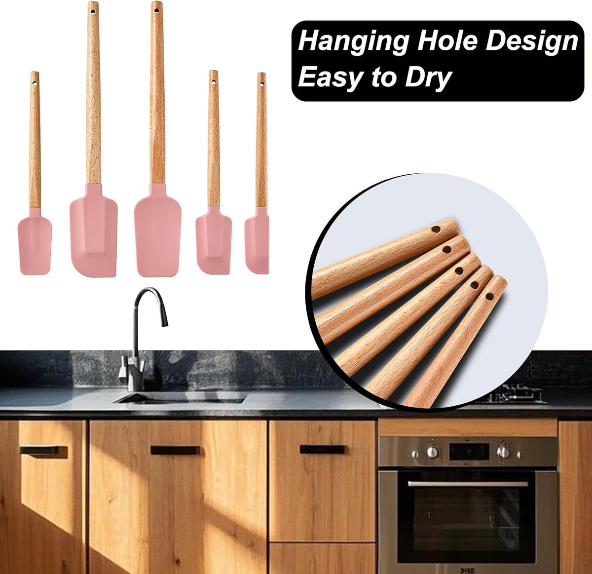 Pink Silicone Spatula Set, Food Grade Rubber Spatula-5 Piece Nonstick Rubber Spatulas, Spoonula, Jar Scraper for Cooking, Baking, Mixing