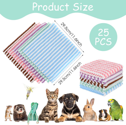 25Pcs Guinea Pig Fleece Bedding Blankets, Small Animal Fleece Cage Liners, Pet Sleeping Mat Cover, 5 Colors Coral Washable Mats for Hamster, Rabbit, Chinchilla (11.6 x 11.6 Inch)