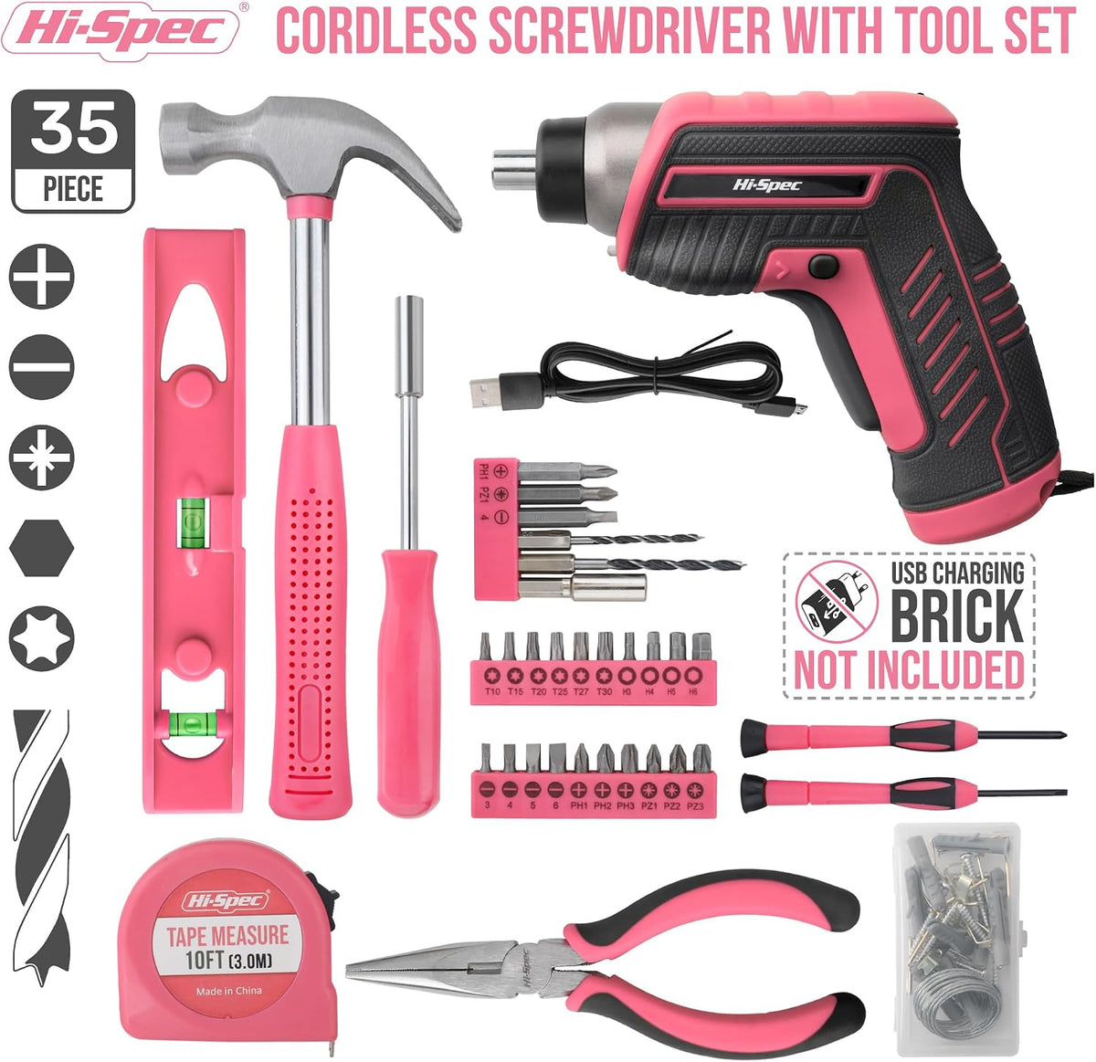Hi-Spec 3.6V USB Electric Screwdriver for Home Repairs and Assembly, Pink