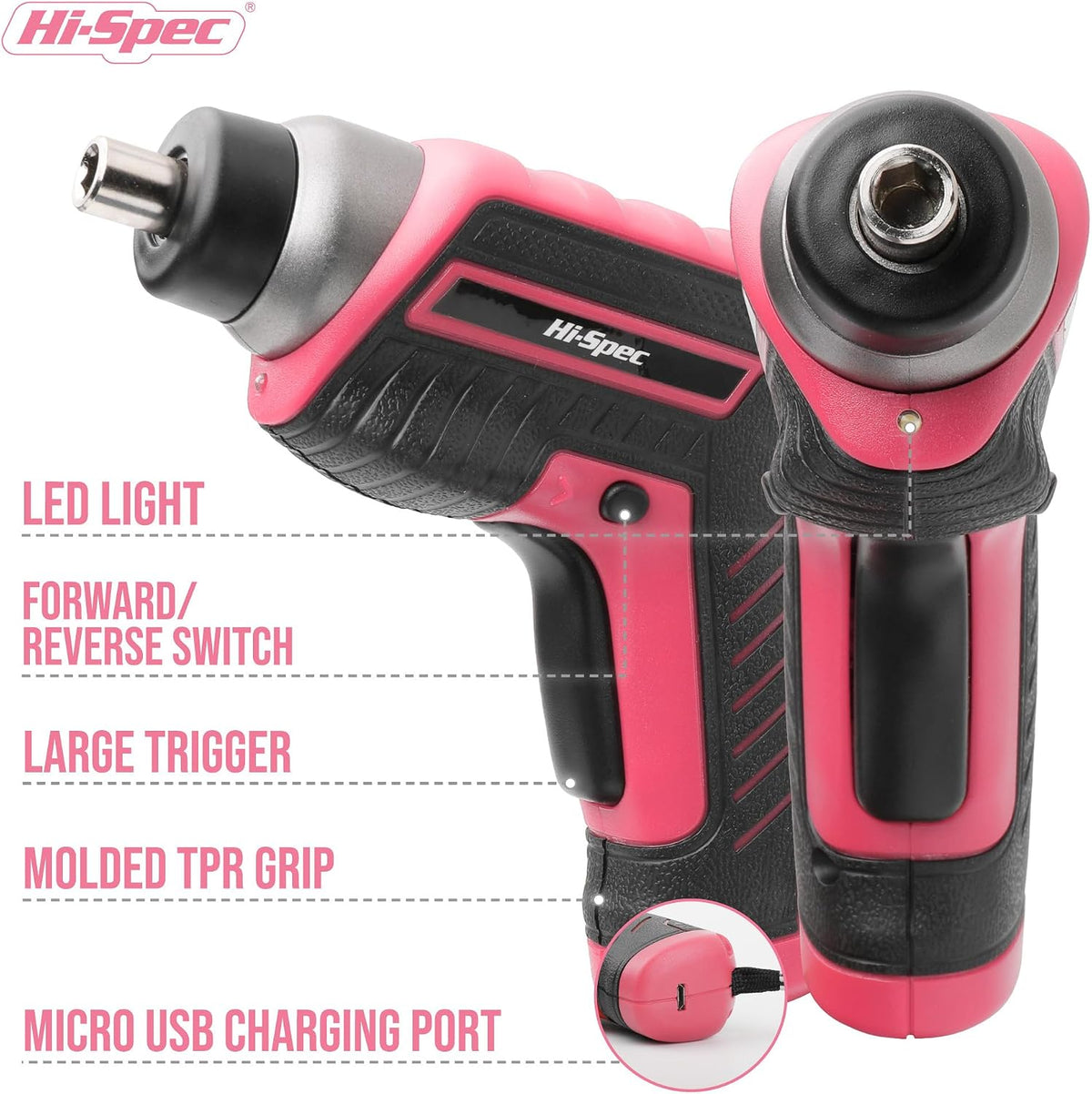 Hi-Spec 3.6V USB Electric Screwdriver for Home Repairs and Assembly, Pink