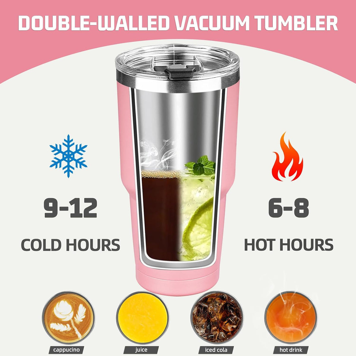 30 oz Tumbler with Lids and Straws, Stainless Steel Insulated Coffee Tumbler, Double Wall Vacuum Insulated Travel Mug Cup, Leakproof Thermal Coffee Cup for Hot and Cold Drinks (Light Pink)