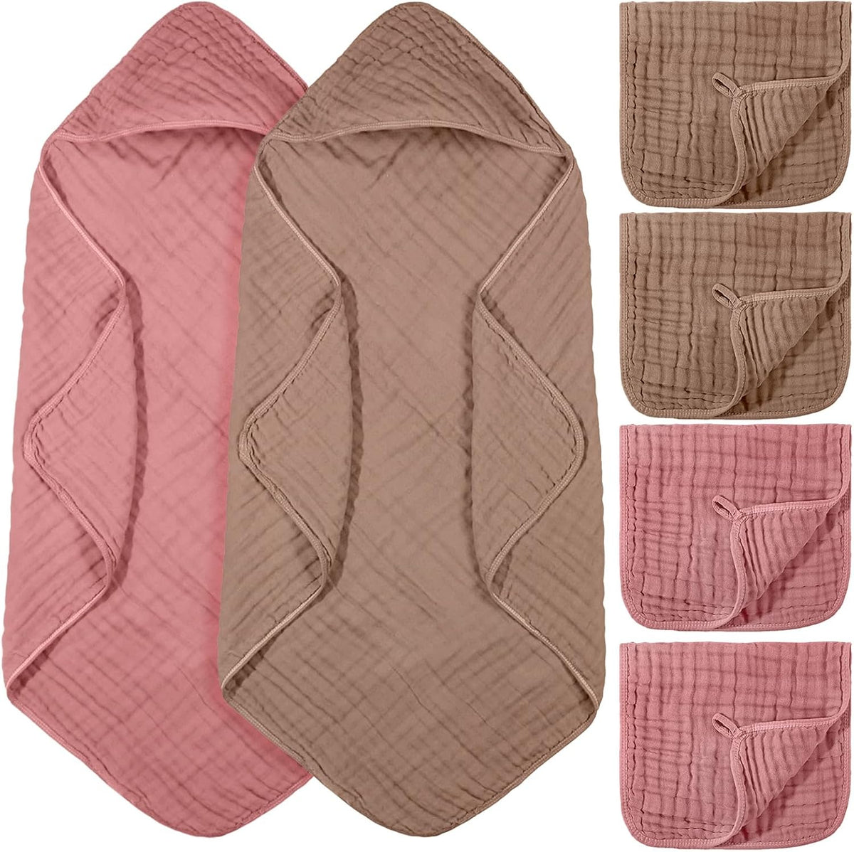 6 Pcs Muslin Hooded Baby Bath Towel and Washcloth Set,Brown, Rose Pink
