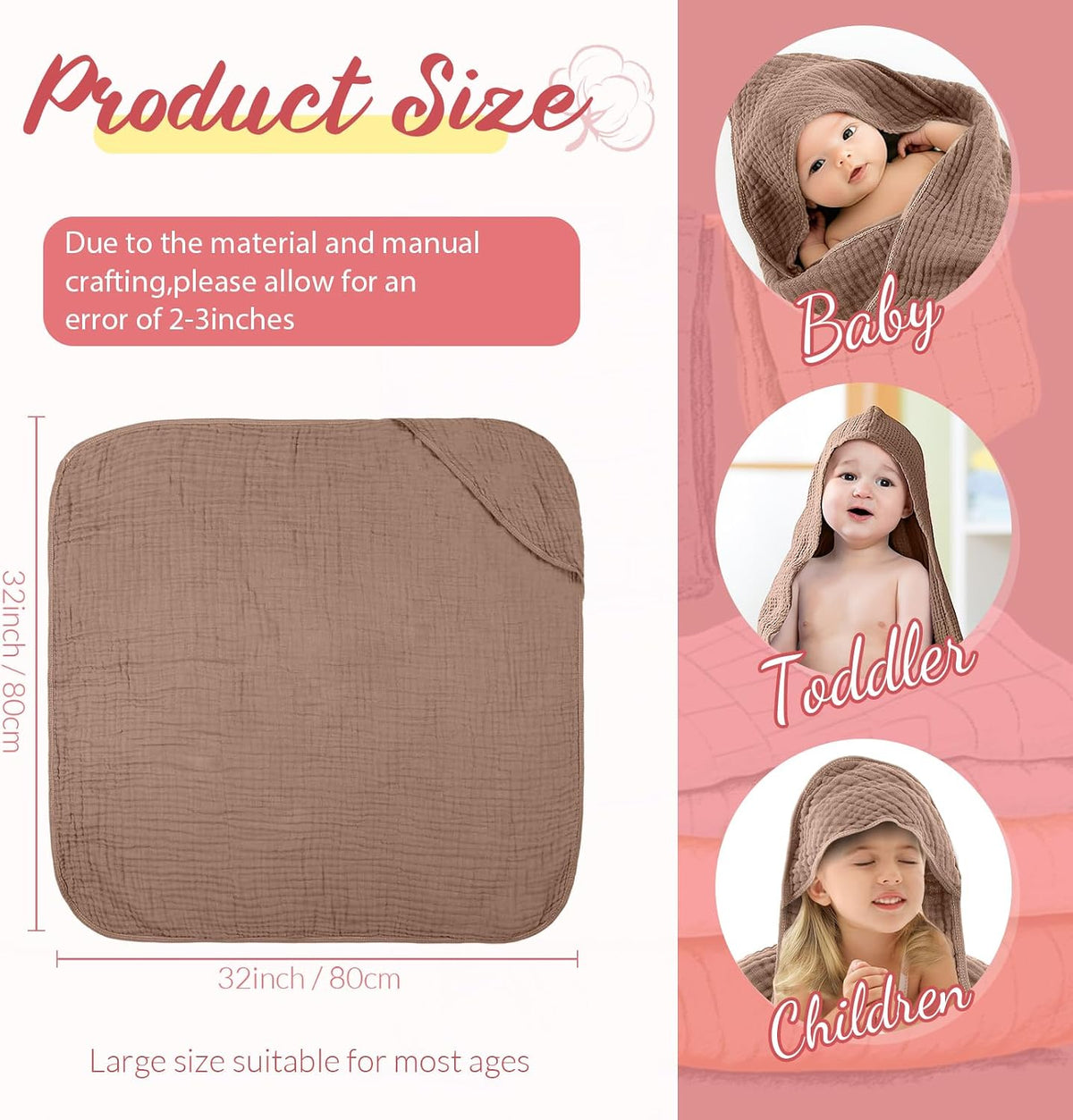 6 Pcs Muslin Hooded Baby Bath Towel and Washcloth Set,Brown, Rose Pink