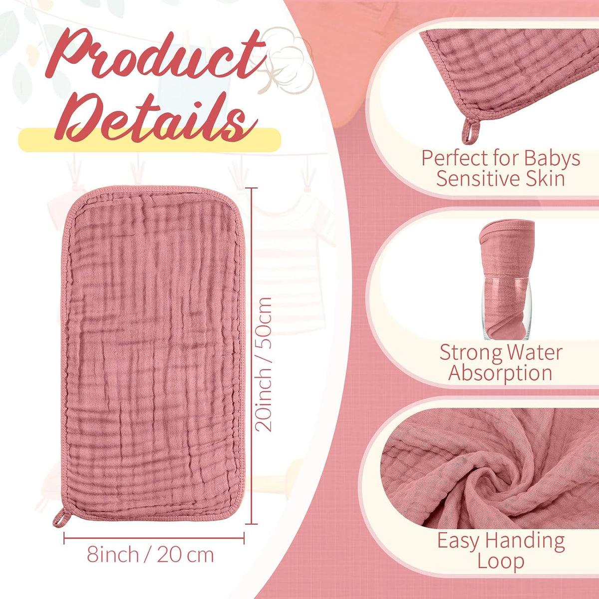 6 Pcs Muslin Hooded Baby Bath Towel and Washcloth Set,Brown, Rose Pink