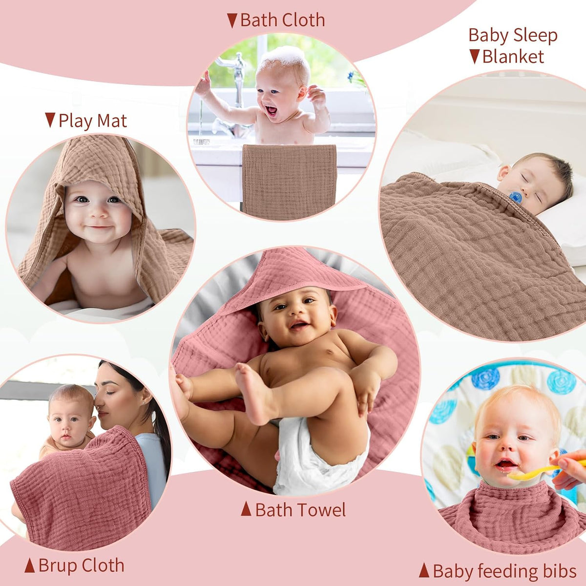 6 Pcs Muslin Hooded Baby Bath Towel and Washcloth Set,Brown, Rose Pink