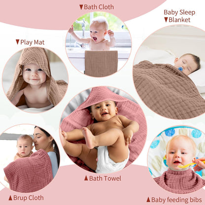 6 Pcs Muslin Hooded Baby Bath Towel and Washcloth Set,Brown, Rose Pink